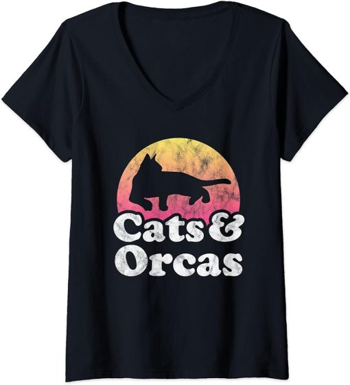 Womens Cats and Orcas Men"s or Women"s Cat and Orca V-Neck T-Shirt