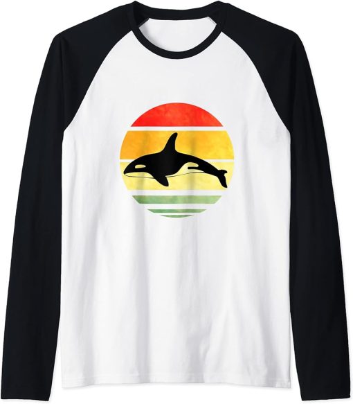 Orca Lovers Design Retro Gifts of Dolphins in 80s Style Raglan Baseball Tee