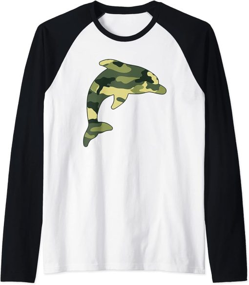 Military Dolphin Camo Men Print US Beluga Fish Veteran Gift Raglan Baseball Tee