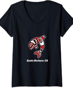 Womens Native American Santa Barbara CA Tribal Orca Killer Whale V-Neck T-Shirt