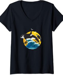 Womens Orca Squad Whale Sunset Sea Animal Wildlife Boys & Girls V-Neck T-Shirt