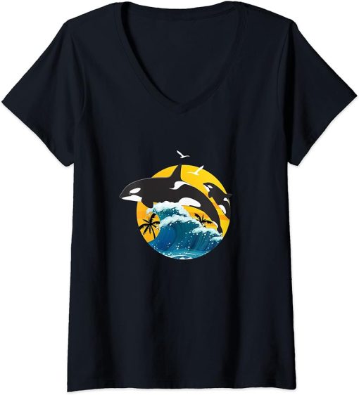 Womens Orca Squad Whale Sunset Sea Animal Wildlife Boys & Girls V-Neck T-Shirt