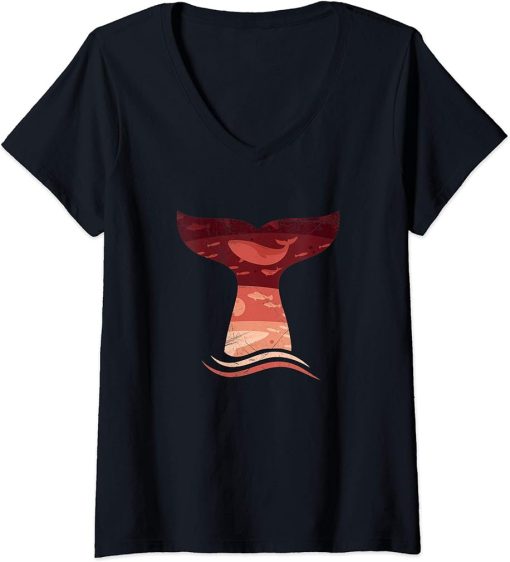 Womens Whale Tail in Waves V-Neck T-Shirt